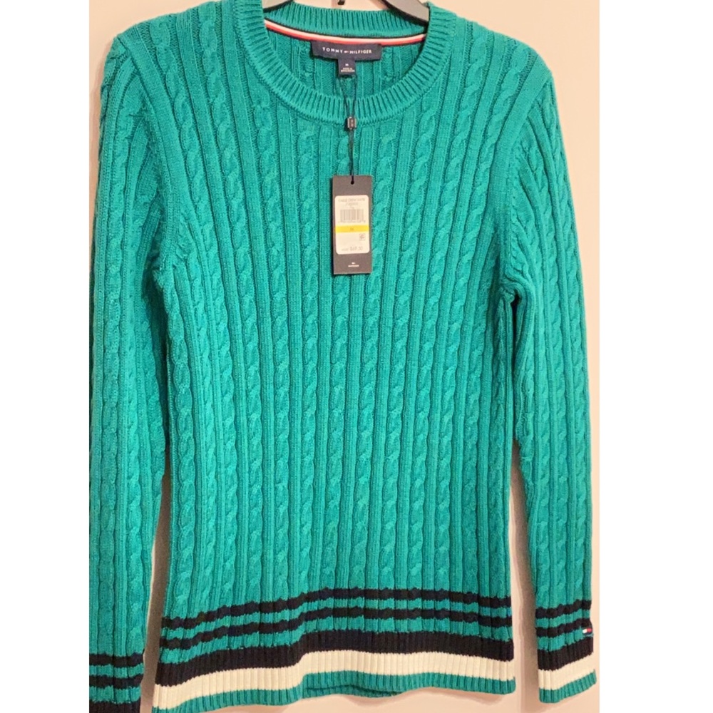 Tommy Hilfiger Cable-Knit Striped-Hem Women’s Sweater Color: Green